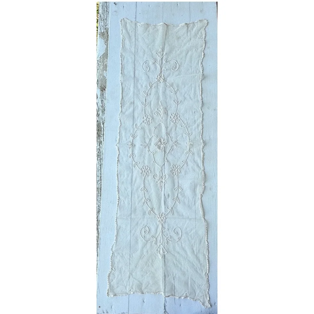 Antique Embroidered Net Lace Dresser Scarf Table Runner Floral 40